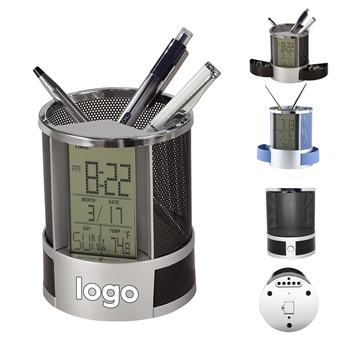 Desk Pen Holder With Clock